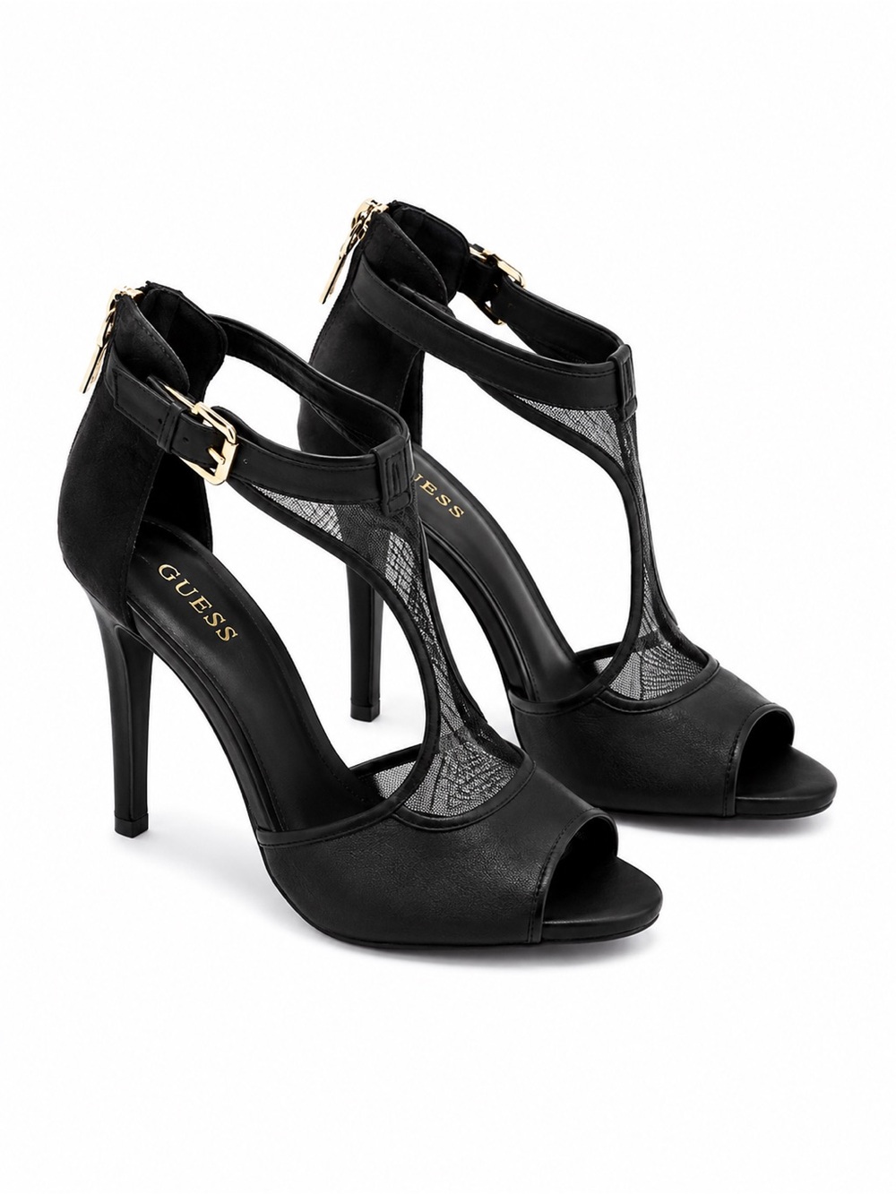 Guess Black Apola Mesh Panel Peep-Toe T-Strap Womenโs Heels Size 9.5